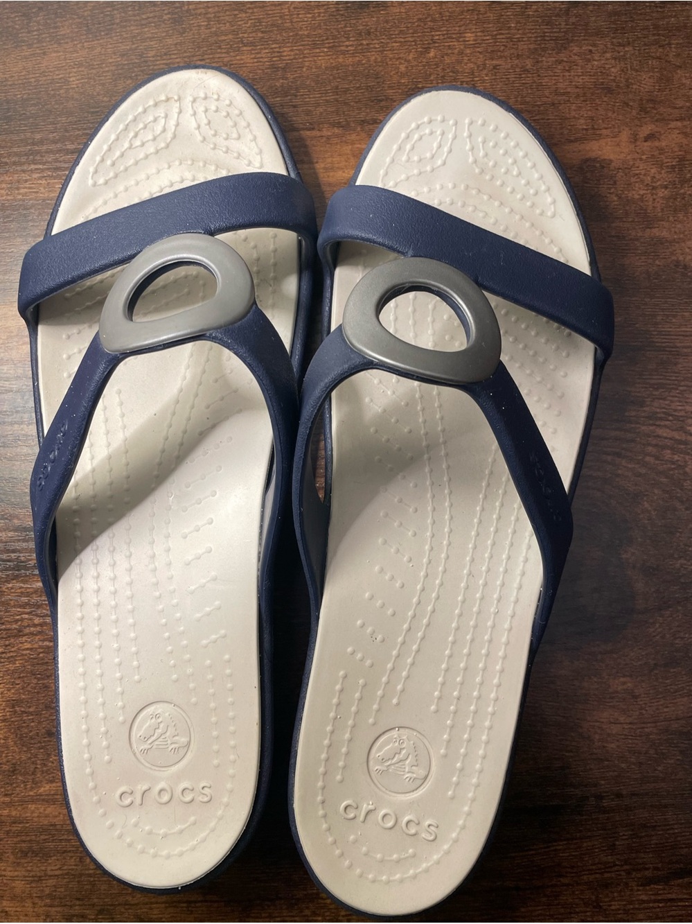 CROCS Women’s Navy and White Slip-On Sandals with Silver Accent